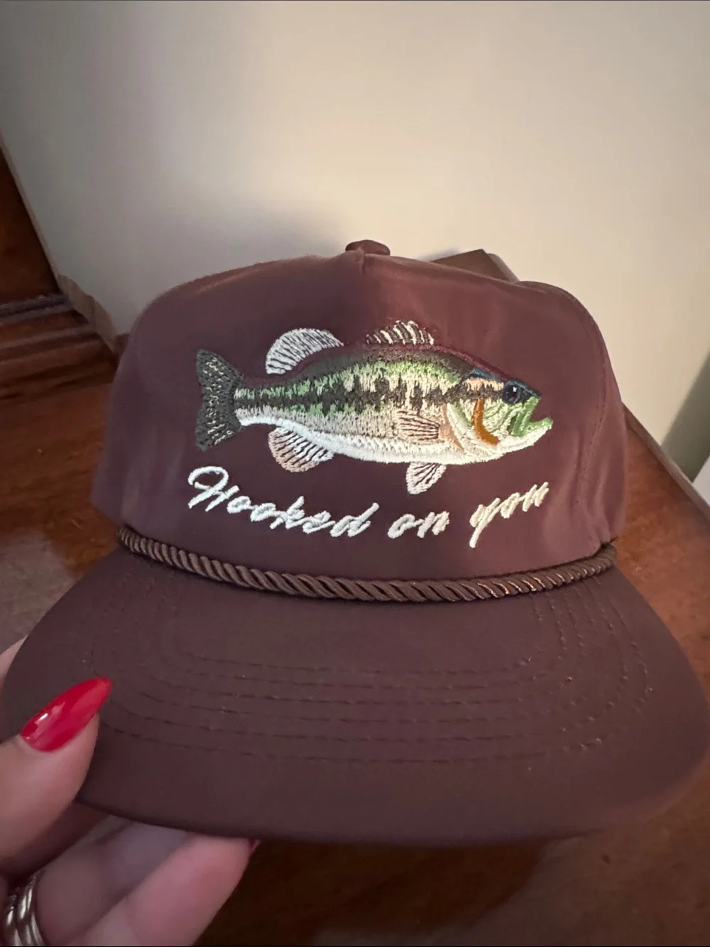 Brown 'Hooked on You' Embroidered Fish Cap